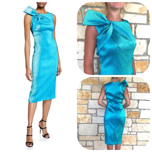 NM Theia Bateau Neck Metallic Turquoise Bow Dress